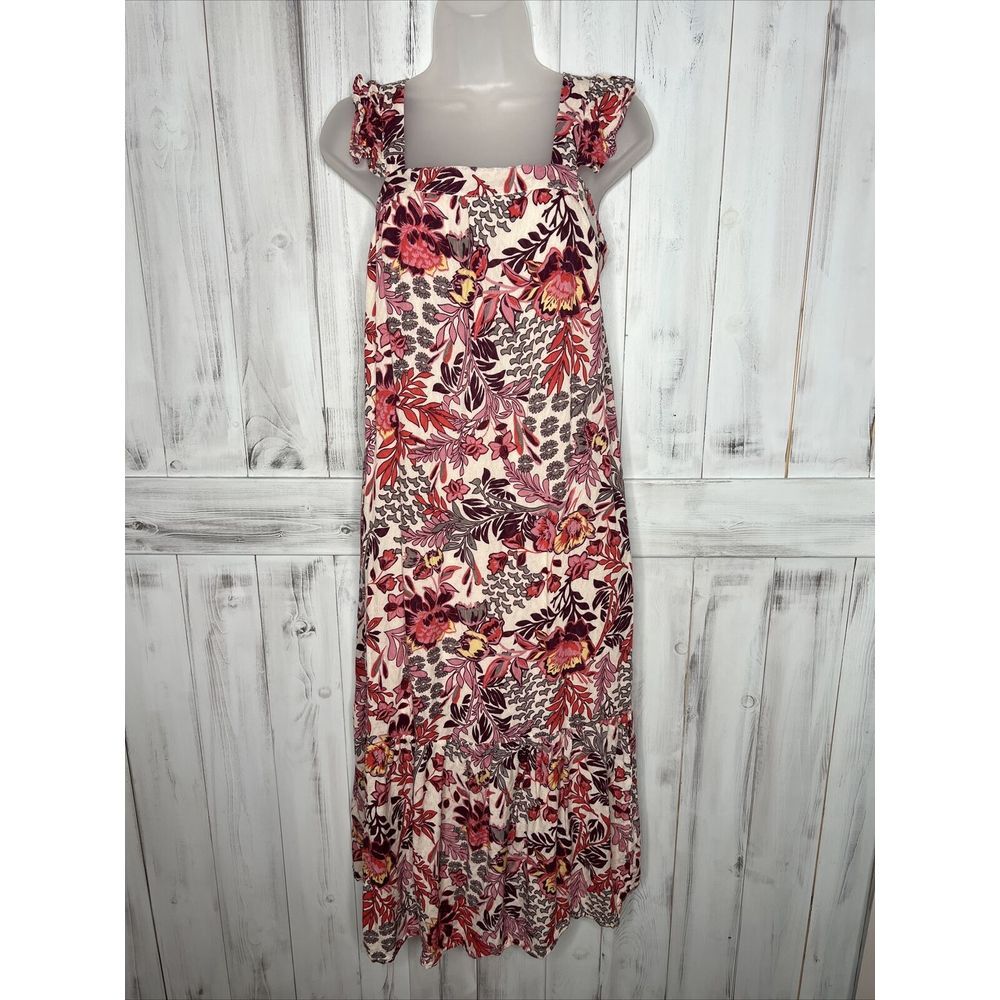 KNOX ROSE RETRO FLORAL PINK ORANGE FLUTTER SLEEVE FLOUNCE HEM BOHO MIDI DRESS XS